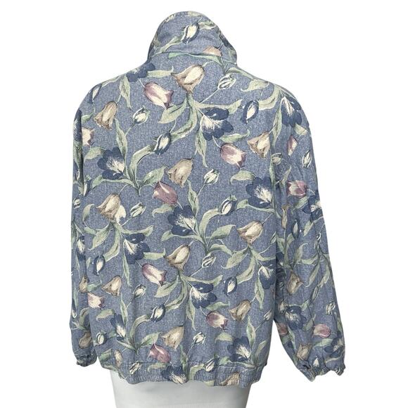 Vintage Vital Zone Blue 100% Silk Floral Relaxed Full Zip High Neck Jacket Sz S - Picture 2 of 4